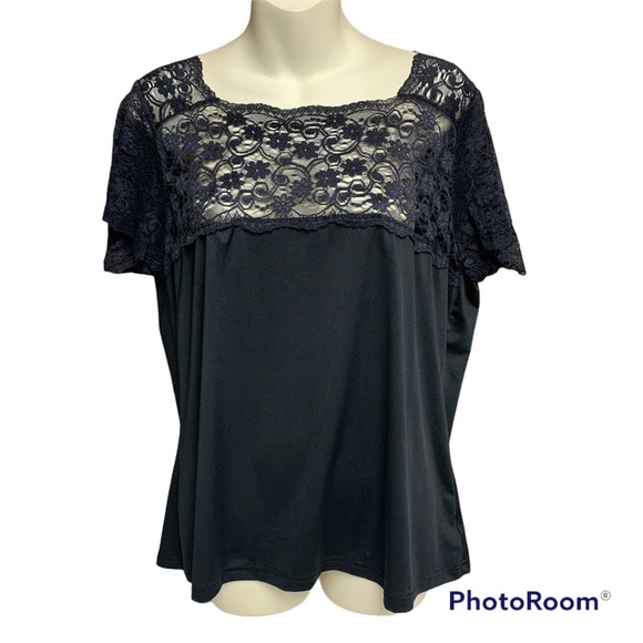 Jessica London black blouse size 14/16 sheer lace upper portion of top - Picture 1 of 9